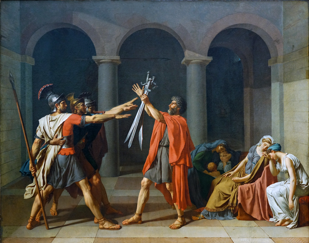 <ul><li><p>classical education, trains in studio, wins Priz de Rome (studies in Italy)</p></li><li><p>neoclassicism</p></li><li><p>Roman legend - conflict, representatives selected to fight—Horatii - 3 brothers fighting for Rome (left), swearing to protect</p></li><li><p>women (right) grieving because no matter what they will lose someone (married into other family)</p></li><li><p>moment that must have preceded the battle</p></li><li><p>geometric composition - 3 arches frame brothers, father, women</p></li><li><p>lesson/moral - country valued over obligations</p></li><li><p>displayed in salon (people were able to see the art), arranged by category</p></li></ul><p></p>