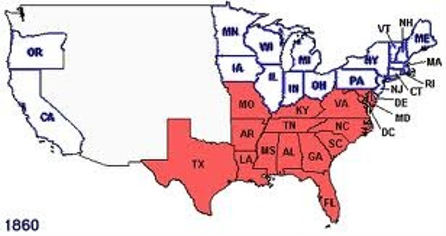 <p>(1860) A group of eight Southern states that seceded from the Union, beginning with South Carolina, The Confederacy was led by Jefferson Davis; He eventually attacked the federally controlled Fort Sumter on April 12th 1861, marking the first battle of the Civil War. The Confederacy struggled economically during the war, lagging behind the Union's industrialization. This desperately contribute to their defeat.</p>