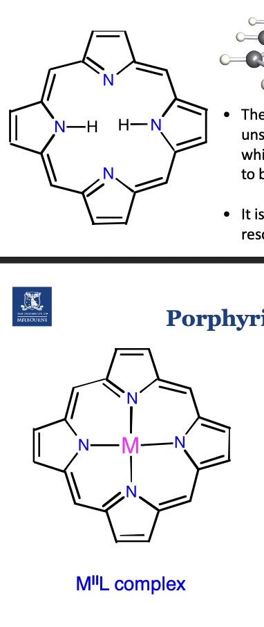 <p>The PL is a flat unsaturated, conjugated molecule (alternating double and single bonds), which upon deprotonation is able to bind a metal ion at its centre (note the two hydrogen atoms).<br><br>Tetradentate ligand (can form 4 coordination bonds).</p><p><br>Porphyrins are hydrophobic, but once coordinated to iron and incorporated into <strong>heme proteins (MUST BE)</strong>, they form <strong>functional, bioavailable complexes</strong> that do <em>not</em> reduce iron solubility in any problematic way.<br><br>It is aromatic and has many resonance forms.<br><br><br>If porphyrin ligand binds to Fe2+ \, it is called Haem.</p>