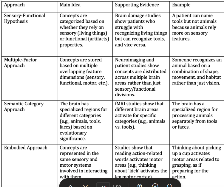 <p><strong>Semantic somatotopy: </strong>Correspondence between words related to specific body parts and the location of brain activation.</p><p></p><p><strong>Criticisms of Embodied Approach: </strong></p><ul><li><p>being able to produce motor actions is not necessary for identifying objects (one can identify a hammer, even if they can’t reproduce the motor action associated w/ it.</p></li></ul><p></p>