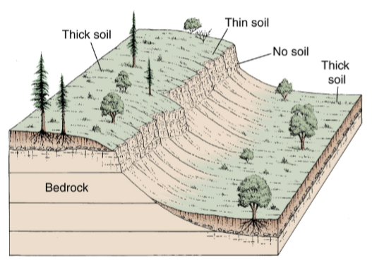 influences the amount and rate of erosion

soils tend to be thick on flat surface and thin on steep slopes, due to the force of gravity 