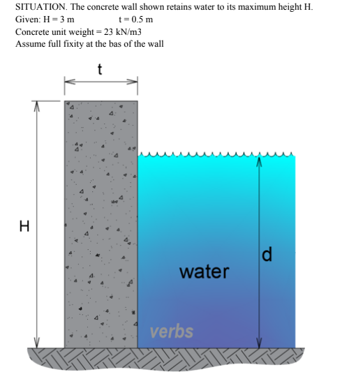 <p>Find the maximum compressive stress (kPa) at the base of the wall if the water reaches the top of the wall.</p><p>A. 1426</p><p>B. 1638</p><p>C. 1128</p><p>D. 1536</p><p>If the maximum compressive stress at the base of the wall is not exceed 380 kPa, what is the allowable depth (m)</p><p>of the water?</p><p>A. 1.20</p><p>B. 1.50</p><p>C. 1.00</p><p>D. 2.00</p><p>If the allowable tensile stress at the base if the wall is zero, what is the maximum height of the water which the wall can retain?</p><p>A. 1.20</p><p>B. 1.50</p><p>C. 1.00</p><p>D. 2.00</p>