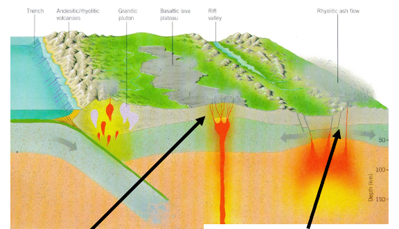 <p>Mantle flood basalts (mafic) rise through continental crusts</p><p>Mantle hot-spots under the continental crust cause melting of Si-Al crust = rhyolite (felsic)</p>