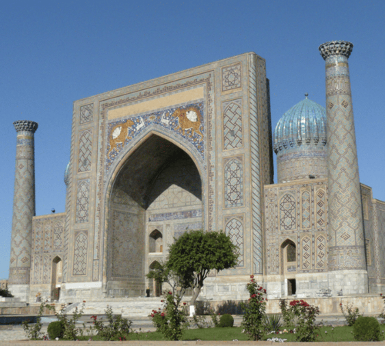 <p>-beautiful Islamic mosque constructed in Samarkand</p><p>-Samarkand was a bustling (energetic) trading city in Central Asia right on the Silk Roads that was full of merchants of all religions and faiths, as Hindus, Buddhists, Christians, and Jews were all represented</p><p>-However, after the Abbasid Caliphate briefly possessed Samarkand, it became an ever stronger center of Islam and many stunning mosques were constructed, including this one</p><p>-when it was built in the 15th century (1400's), it was one of the largest and most beautiful mosques or Islamic monuments in the world, right up there with the Sulemaniye Mosque, Hagia Sophia, Taj Mahal, and the Blue Mosque</p>