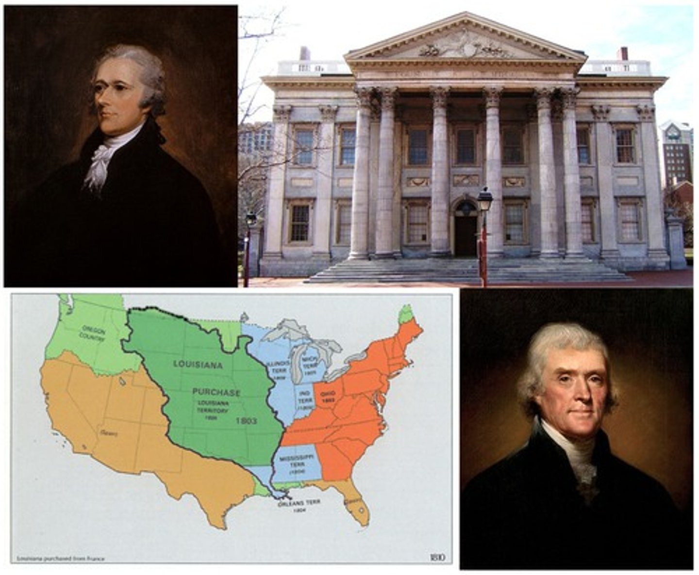 <p>Jefferson wanted strict, Hamilton wanted loose; fought over national bank; Louisiana Purchase was example of loose</p>