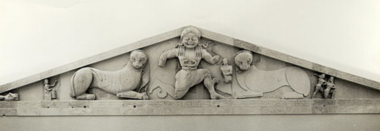 <p>the triangular upper part of the front of a building in classical style, typically surmounting a portico of columns.</p>