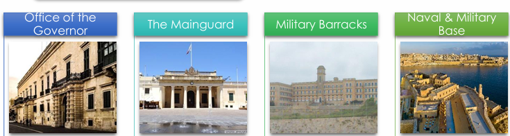 <p>The office of the Governor - During the British rule the palace of the Grandmasters, Valletta, served as residence and office for the British Governors.</p><p>The Main guard - Its located in St. George Square, Valletta was used for military parades to emphasize British colonial power.</p><p>Military Barracks - The British Military Services used to live in barracks spread across Malta such as, Mtarfa, Pembroke, Beltissebħ.</p><p>Naval &amp; Military Base - The Grand Harbour was the HQ’s of the British Navy and many ships used in the dockyard as well, many more fortresses were built around the harbours.</p>