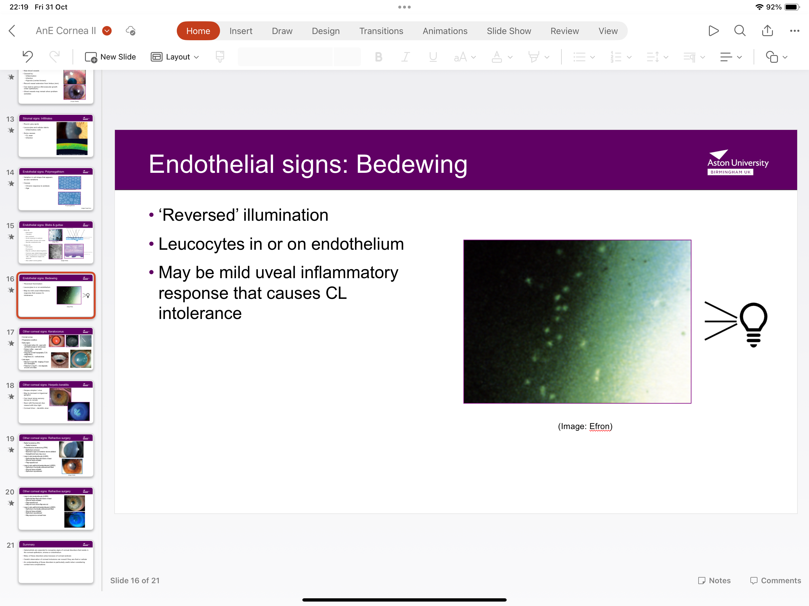 <p>Leucocytes in or on endothelium due to mild uveal inflammatory response causing contact lens intolerance</p>