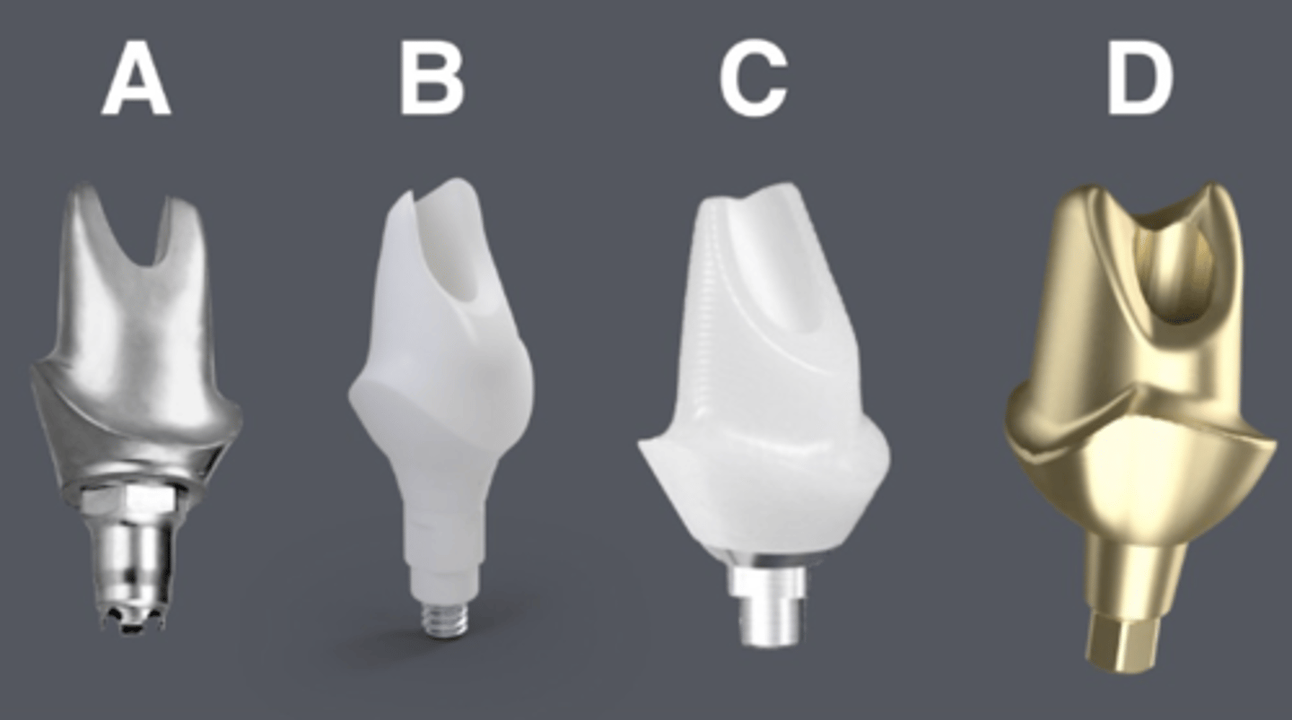 <p>Please arrange correct combination regarding below picture.</p><p>options:</p><p>-Custom Titanium or CoCr abutment</p><p>-Ti-base, UCLA abutment</p><p>-Zirconia abutment</p><p>-Hybrid abutment</p><p>-Custom anodized Titanium abutment</p>