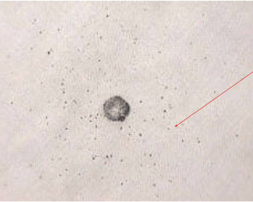 <p>scattered specks of shot residue with less soot around hole</p>