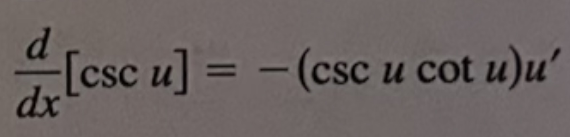 <p>−(csc u cot u)u′</p>