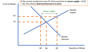 \-when supply is greater than demand and there are unsold goods in the market (sometimes known as ‘glut’)

\-puts downwards pressure on price

\-as prices fall, there is an extension of demand which cuts the surplus and takes a market towards an equilibrium