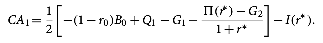 <p>Assume dG<sub>1</sub> = dG<sub>2</sub> = dG &gt; 0</p><p>Noting CA = TB+NII = Q-C-I-G+NII, </p><p>Replace in the original optimality condition for c<sub>1</sub><sup>*</sup></p><p>(Attached image)</p><p></p><p>Taking the derivative of CA wrt G yields -r/2(1+r) *deltaG</p><p></p><p>Provided r is small, <strong>CA does not change by much. </strong></p>