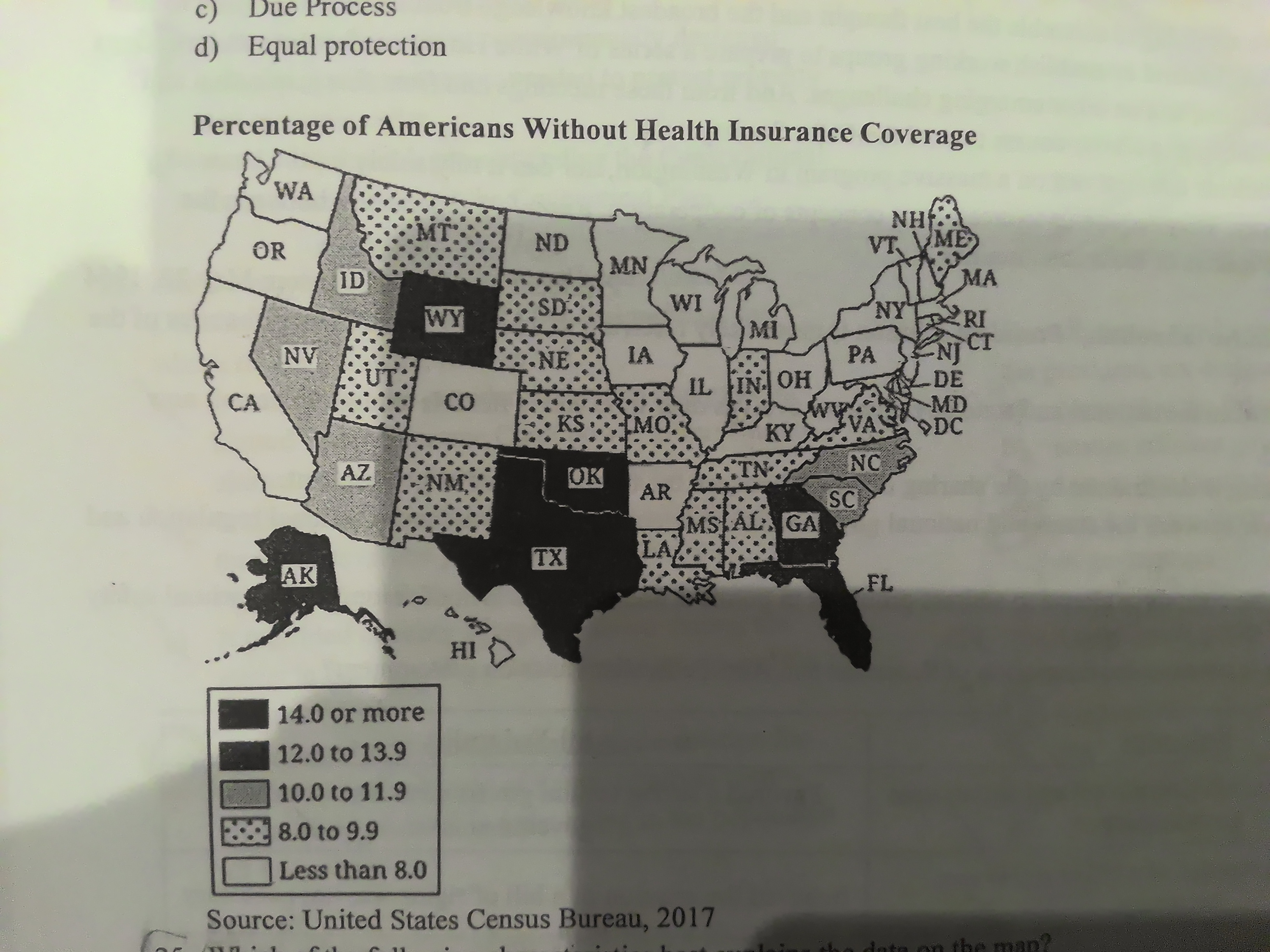 <p>[Percentage of Americans Without Health Insurance Coverage] Which of the following characteristics best explains the data on the map?</p>