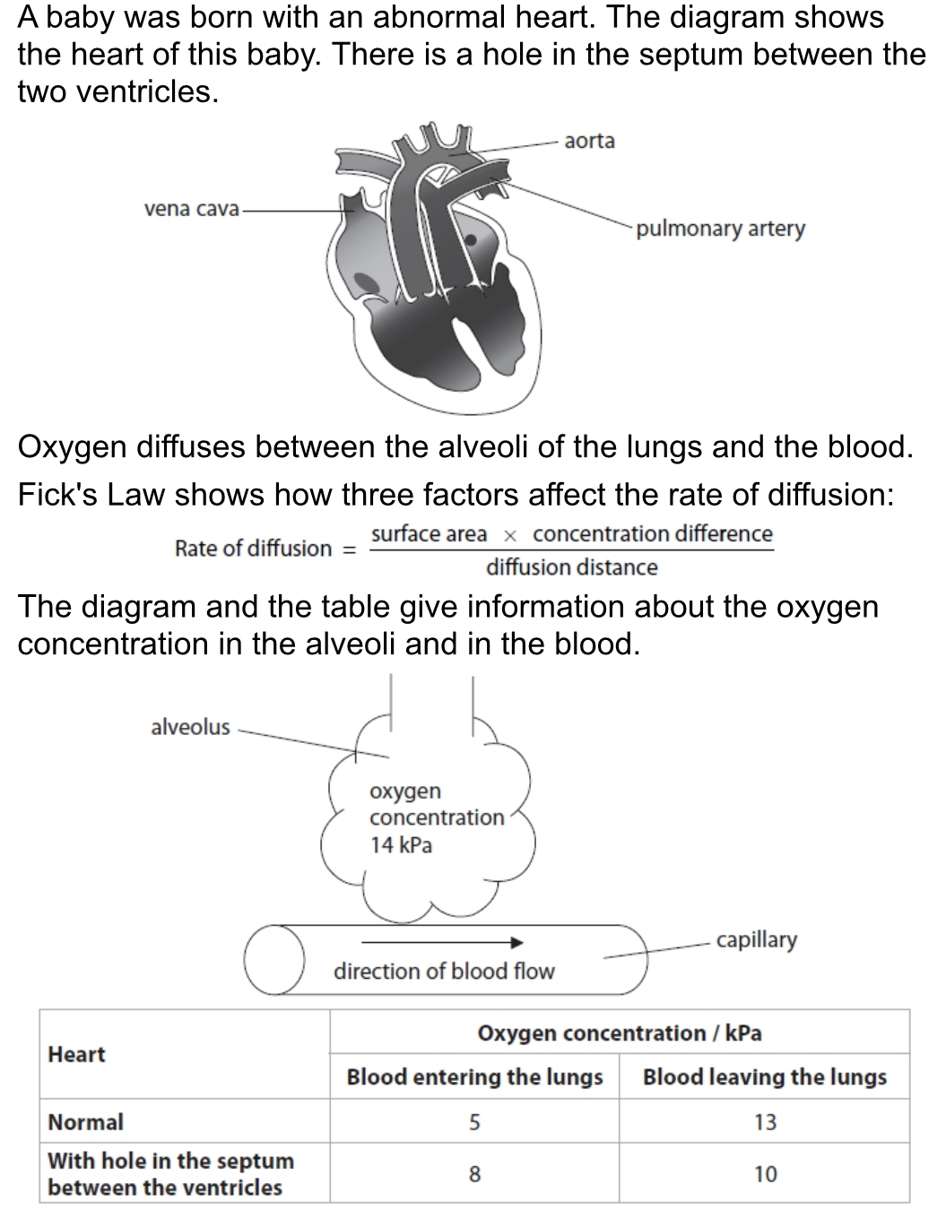 <p>Assess the effect of this heart defect on the rate of oxygen diffusion between the alveoli and the blood</p>