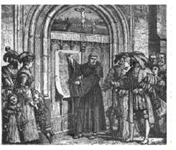 <p>religious movement begun by German monk Martin Luther who began to question the practices of the Catholic Church beginning in 1519; split the Roman Catholic Church and resulted in the 'protesters' forming several new Christian denominations: Lutheran, Calvinist, and Anglican Churches (among many others)</p>