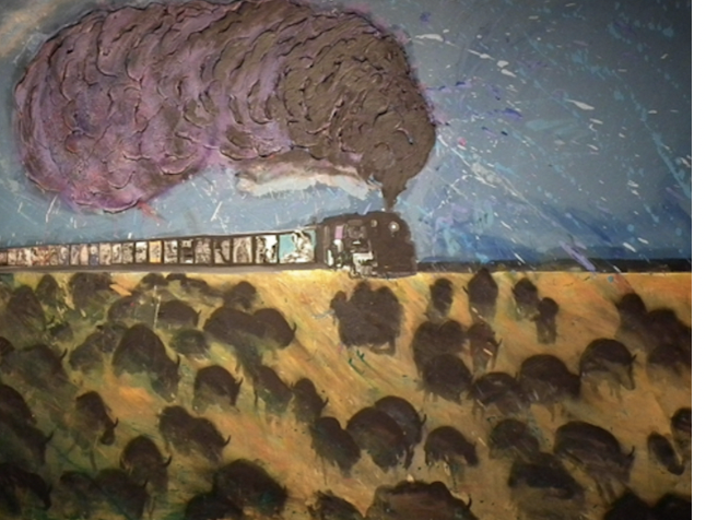 <ul><li><p><span style="background-color: transparent;"><span>ara Romero is the photographer, Buffalo Man is featured in the center</span></span></p></li><li><p><span style="background-color: transparent;"><span>A group of people who are all clearly involved in a conversation with each other, interacting with each other (looking and gesturing), each of their postures is individual</span></span></p><ul><li><p><span style="background-color: transparent;"><span>Overall symmetric composition surrounds the man wearing a buffalo mask → iconography</span></span></p></li></ul></li><li><p><span style="background-color: transparent;"><span>Indian market: one of the premier markets for art made by indigenous people</span></span></p><ul><li><p><span style="background-color: transparent;"><span>“Last Indian Market” → The setting of the photograph is very separate from the setting of Indian markets</span></span></p></li><li><p><span style="background-color: transparent;"><span>Originally founded in Santa Fe by the Museum of New Mexico → enabling indigenous artists by selling their art directly</span></span></p></li></ul></li><li><p><span style="background-color: transparent;"><span>Showing a meal after the Indian market that takes place in the Coyote cafe</span></span></p><ul><li><p><span style="background-color: transparent;"><u><span>A way for Romero and Amerman to work against old stereotypes about “passive” and “less-sophisticated” indigenous artists → doing their exchange in elevated settings</span></u></span></p></li></ul></li><li><p><u>P</u><span style="background-color: transparent;"><u><span>urpose:</span></u><span> The buffalo mask has a long lineage of being used in indigenous dance practices</span></span></p><ul><li><p><span style="background-color: transparent;"><span>Quite a wide geographic range of buffalo mask dancing (immense cultural importance)</span></span></p></li><li><p><span style="background-color: transparent;"><strong><span>The Buffalo mask is an assertion that indigenous culture won’t disappear</span></strong></span></p></li></ul></li><li><p><span style="background-color: transparent;"><span>An intentional layering onto itself: associations of genius and religious faith that go along with </span><em><span>The Last Supper&nbsp;</span></em></span></p><ul><li><p><span style="background-color: transparent;"><strong><span>Christ &amp; Buffalo man are the ones who give us life</span></strong></span><br></p></li></ul></li></ul><p></p>