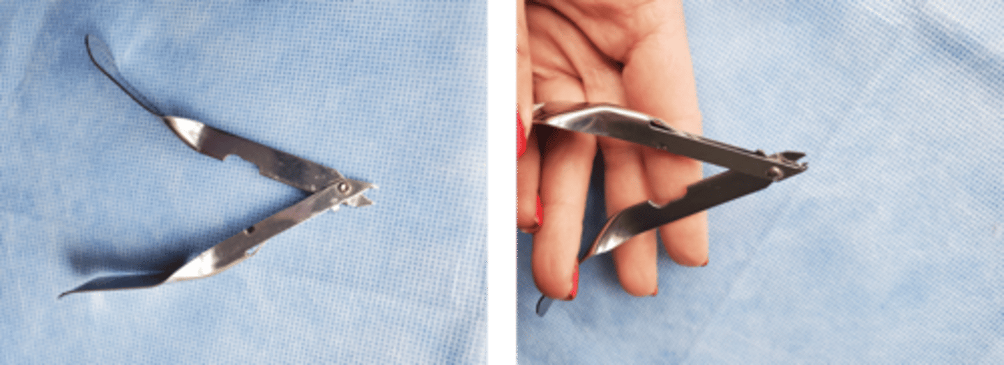 <p>plier action to remove skin staples placed in incisions</p>