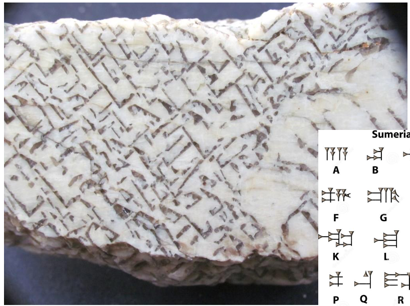 <p>intergrowths of quartz and alkali feldspar where the orientation of quartz grains resembles cuneiform writing<br>commonly observed in pegmatites</p>