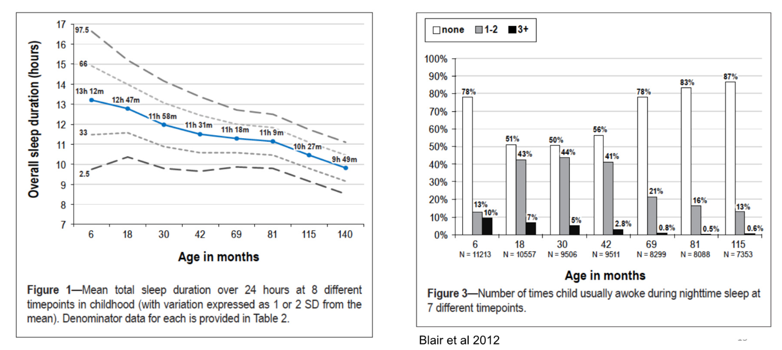 <p>Fraser et al. 2012 (&amp; Blair et al. (2012) - extra analyses?):</p><ul><li><p><span>Followed up ~7 thousand children born in 1991-1992 until they were about 11 years old</span></p></li><li><p><span>Children sleep more when they are young</span></p></li><li><p><span>Massive variability, especially in younger children</span></p></li><li><p><span>Way less awakenings as they get older</span></p></li><li><p><span>Found that girls slept ~5-10 mins more than boys because of later wake-up time</span></p></li></ul><p><strong>Comparison to another study:</strong></p><ul><li><p><span>Children in the ALSPAC slept about </span><em><span>1 hour less </span></em><span>in infancy and childhood compared to another cohort of children studied in Zurich born in 1974 -1978 and 1978-1993 and slept half an hour more in later childhood</span></p></li></ul><p></p>