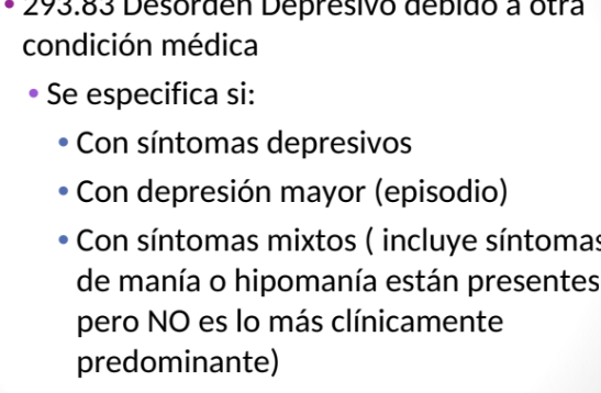 <p>.Con síntomas depresivos.</p><p>• Con depresión mayor (episodio)</p><p>• Con síntomas mixtos ( incluye síntomas de manía o hipomanía que están presentes, pero NO es lo más clínicamente predominante).</p>