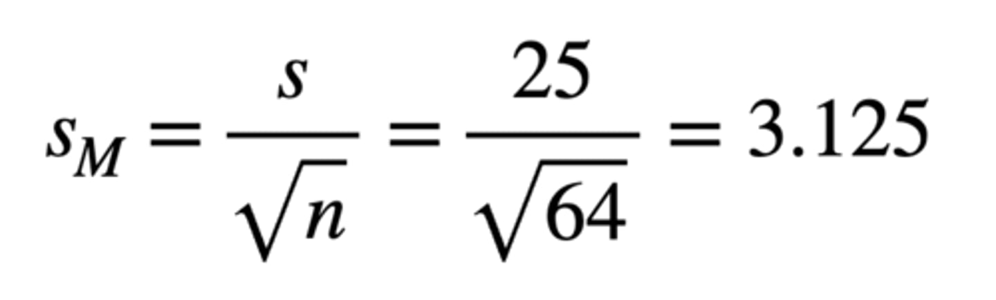 <p>- Sampling distribution of the mean will be normal (because n is large)</p><p>- Have a mean of 50% (because population mean is 50%)</p><p>- We don't know standard error because we don't know population SD, but we can estimate it using sample SD (and knowing n = 64):</p><p>Standard Error = s / √n = 25 / √64 = 3.125</p>