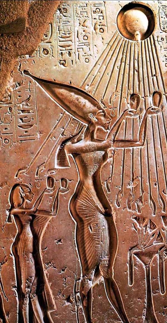 <p>(Egypt) New Kingdom:) Akhenaton and Nefertiti Worshipping the Aton: Made in-</p>