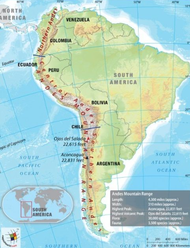 <p>Western coast of South America-Peru, Bolivia, Chile, long mountain chain hugging west</p>