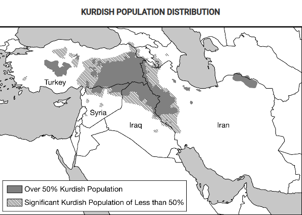 <p><span><span>Based on the information in the map, what is the most likely outcome of the possible establishment of an independent Kurdistan for the Kurdish people?</span></span></p>