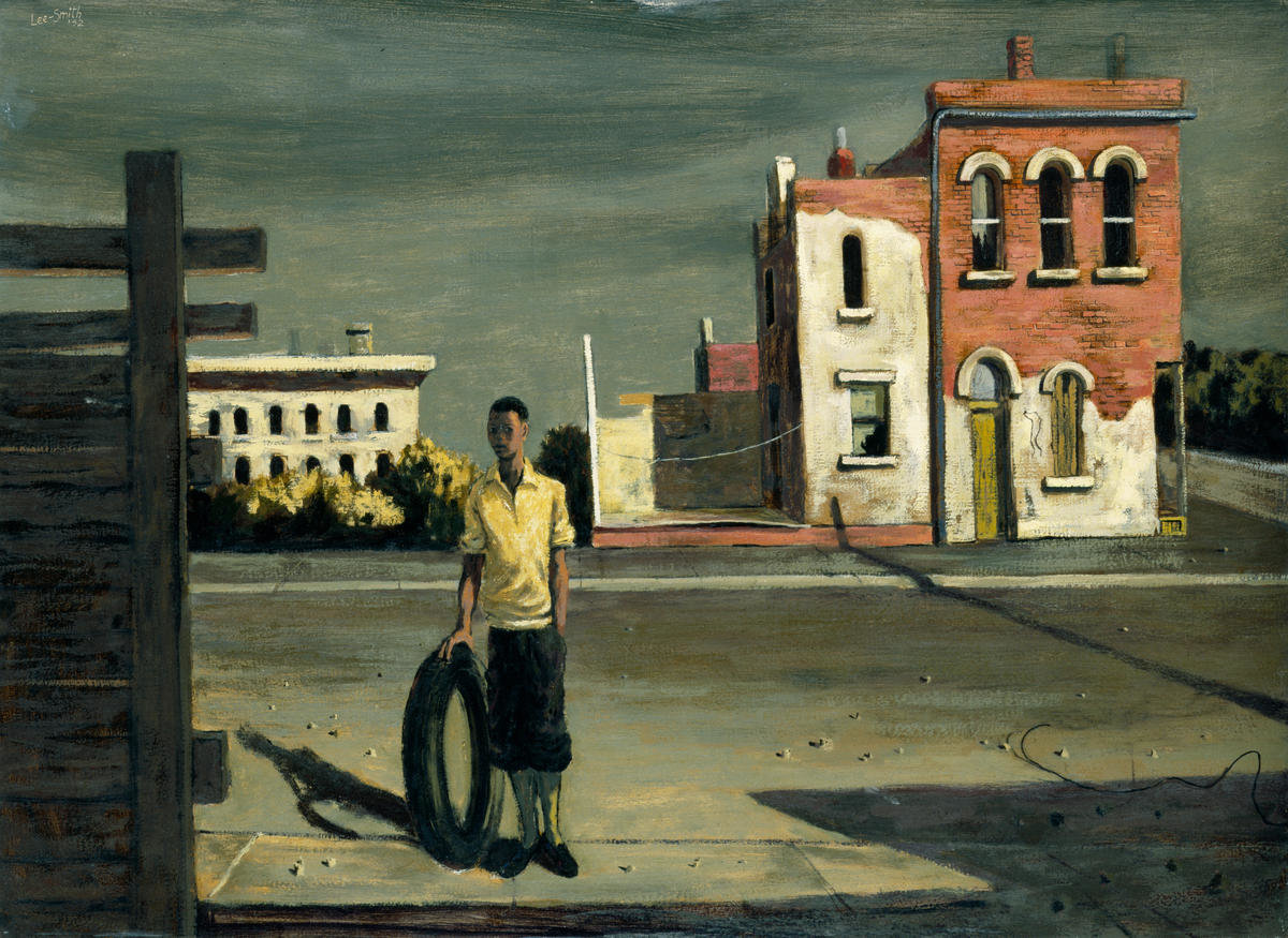 <p>Hughie Lee-Smith (1915- 1999) Boy with Tire, 1952, oil on wood panel, Detroit Institute of Art</p>