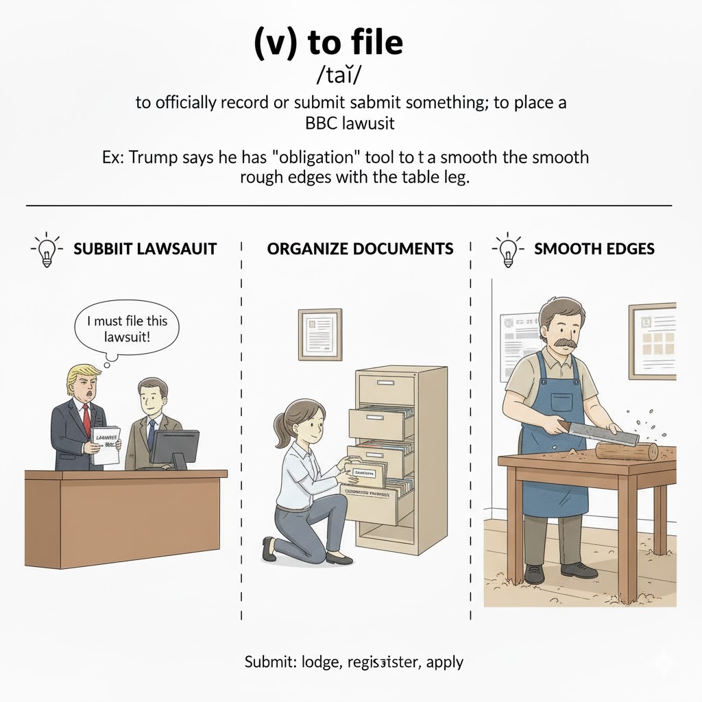 <ul><li><p><strong>To submit a document or application</strong> to an authority, court, or official registry. (Nộp, đệ trình một tài liệu, đơn từ hoặc hồ sơ chính thức lên cơ quan có thẩm quyền)</p></li></ul><p>X:</p><ol><li><p><strong>To file away</strong> or <strong>file something</strong> - To place documents in a specified practical order, typically in a folder or container. (Sắp xếp, lưu trữ tài liệu theo thứ tự, thường là trong hồ sơ hoặc tủ)</p></li><li><p><strong>To file something down</strong> - To use a tool (a file) to smooth or shape a hard surface, often metal or wood. (Dũa, mài, làm nhẵn bề mặt bằng dũa)</p></li></ol><p></p>