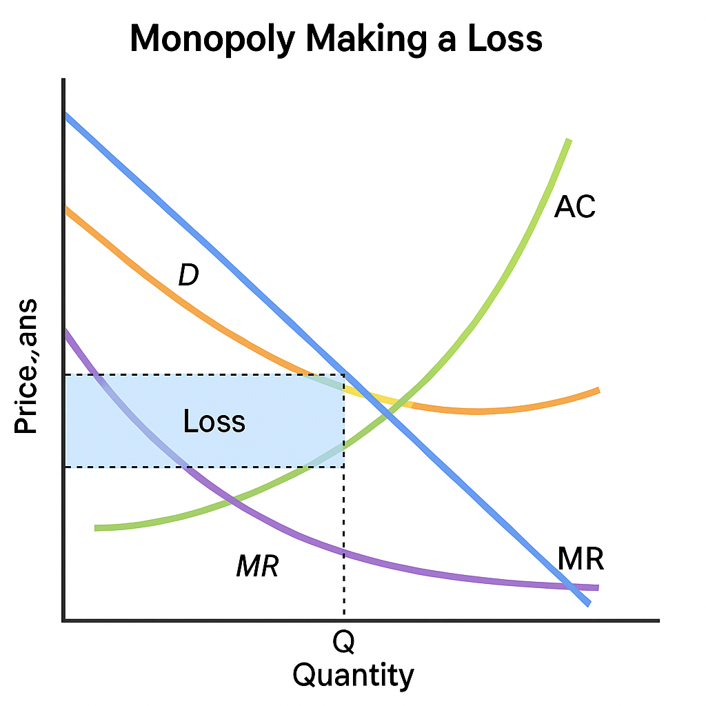 <p>this firm is selling its product for <strong>less than it costs to make each one</strong>, meaning they’re taking an L.<br>→ the vertical gap between price and ATC (times Q) shows <strong>economic loss</strong>.</p><p class=""><span data-name="bulb" data-type="emoji">💡</span> <strong>key visual clue:</strong> <strong>ATC above D</strong> at the Q the firm chooses — pain. <span data-name="upside_down_face" data-type="emoji">🙃</span></p>