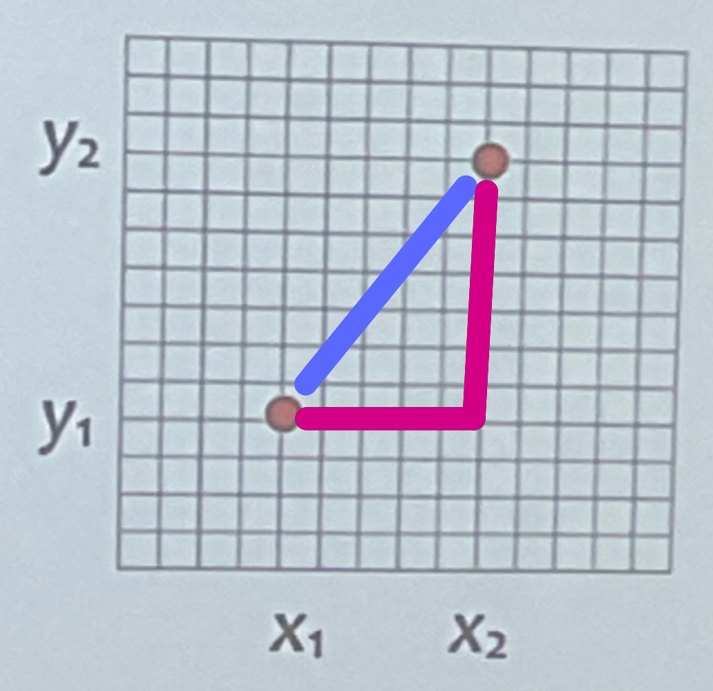 <ul><li><p>Euclidean (as the crow flies) - purple</p></li><li><p>City Block Distance - pink</p></li></ul><p></p>