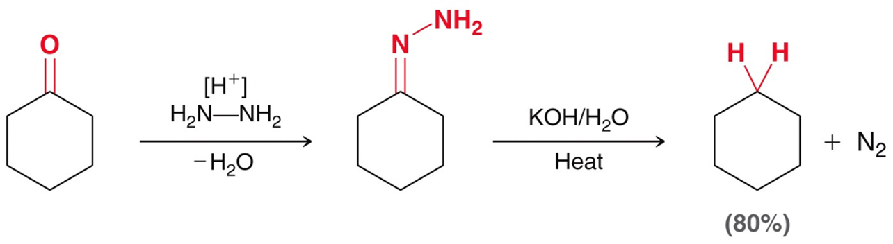 <p>A two-step synthesis converting a ketone to an alkane. Using H<sub>2</sub>N—NH<sub>2</sub> (strong acid) and dehydration. Then using a strong base/ water and heat. Similar to Clemmensen Reduction. </p>