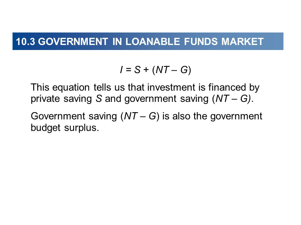 <p>Loanable funds are the <u>funds that fund finance investments.</u></p><p>Funds come from three sources:</p><ul><li><p>Household savings <em>(S)</em></p></li><li><p>Government budget surplus <em>(T-G)</em></p></li><li><p>Borrowing from the rest of the world <em>(M-X)</em></p></li></ul><p>National <em>S</em> = private <em>S </em>+ government <em>S </em>(i.e. government budget surplus)</p>