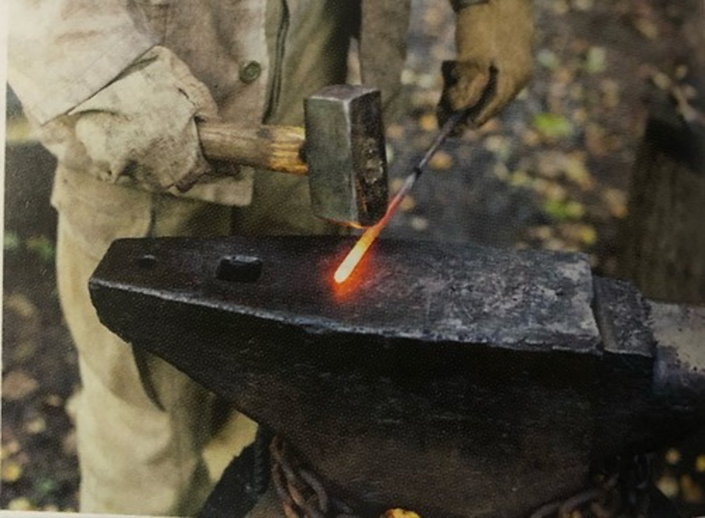 <p>A metal forming process which uses an hammer and anvil to shape wright iron</p>