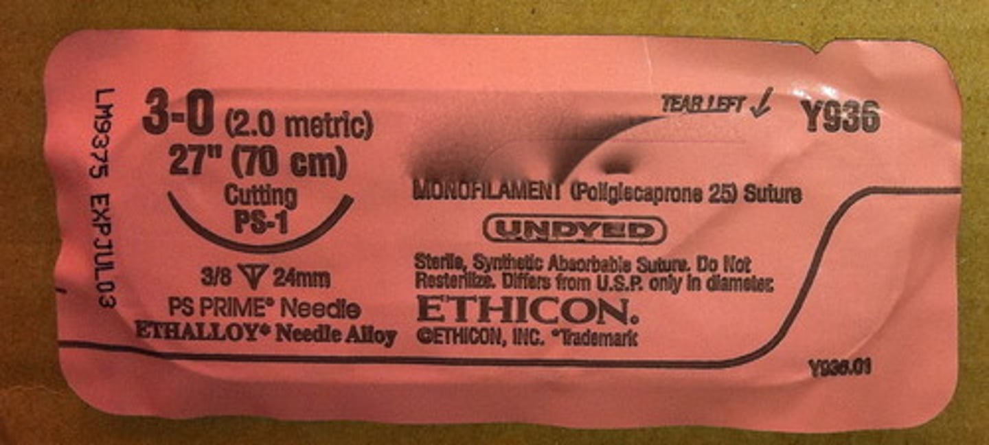 <p>Type: Synthetic - Copolymer</p><p>Package Color: CORAL</p><p>Suture Color: Undyed / VIOLET</p><p>Usage: Subcutaneous closure</p><p>- Monofilament Absorbable</p><p>Absorption: 91 - 119 days</p><p>Tensile strength: 50% in 1 week</p><p>tissue reaction: slight</p>