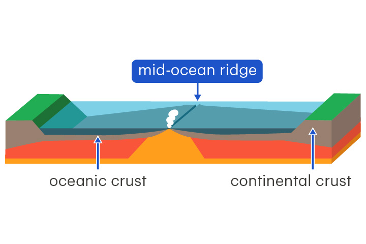 <p>An underwater mountain system where new oceanic crust forms</p><p>Mid-ocean ridges form at divergent boundaries. New oceanic crust is formed from cooling lava.</p>