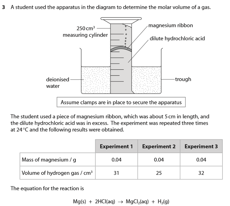 <p>Give three reasons for the differences between your calculated value (in experiment to measure the molar volume of gas using magnesium and hydrochloric acid) and the actual volumes of hydrogen gas obtained by the student. For each reason, identify a change to either the apparatus or the chemicals that could be made by the student to improve the result.</p>