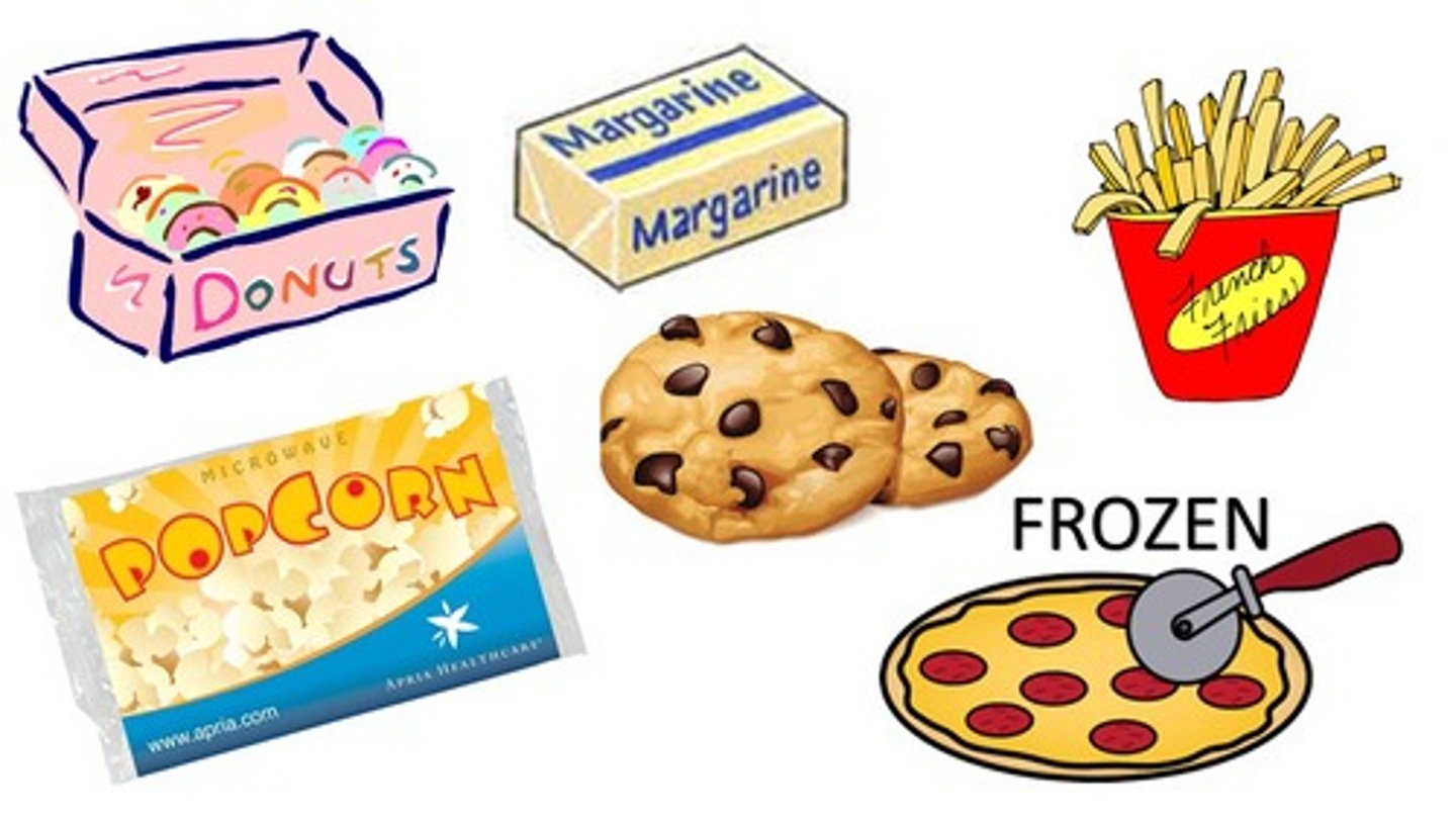 <p>Hydrogenated fats developed by manufacturers to extend shelf life of foods</p><p>- increase heart disease risk (least healthy lol)</p>