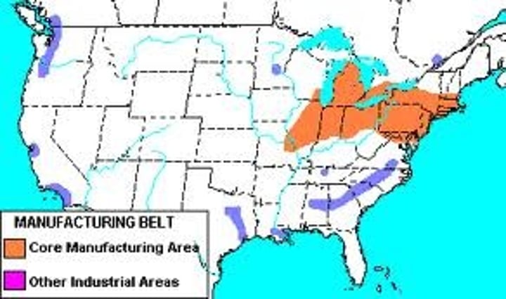 <p>the north central and northeastern states where major manufacturing centers were once dominant</p>