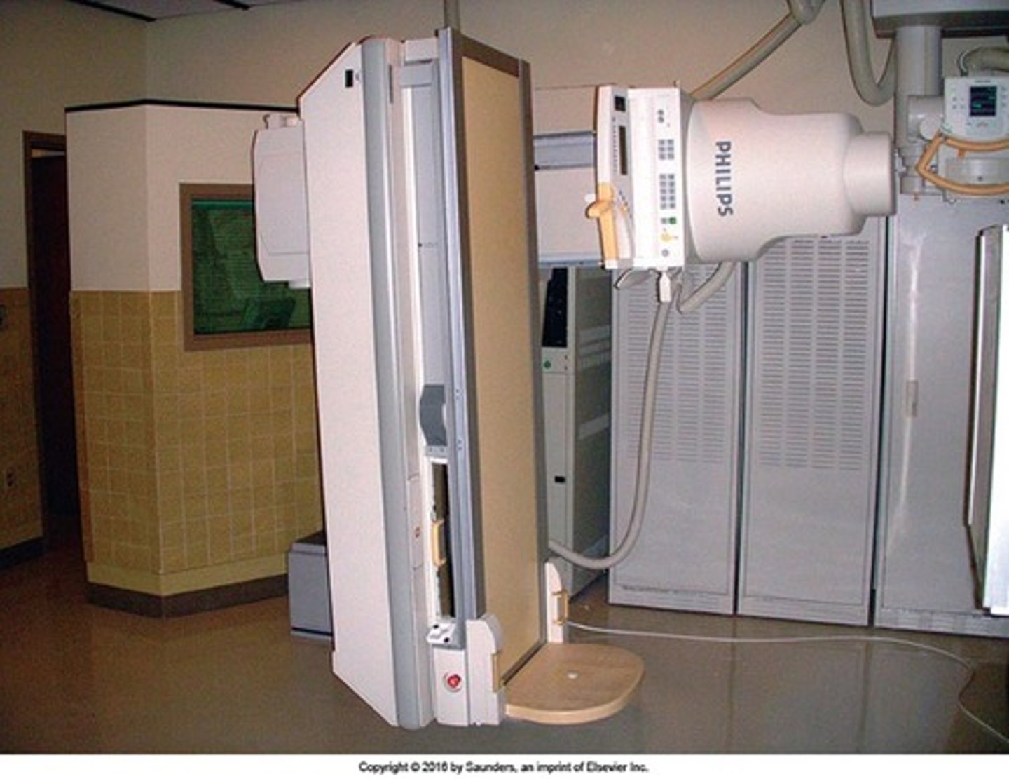 <p>A tilting radiographic/fluoroscopic table in the full upright position</p>