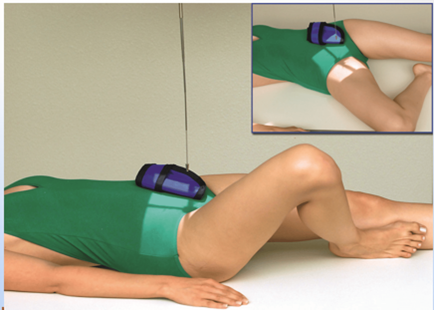 <p>perpendicular to femoral neck</p>