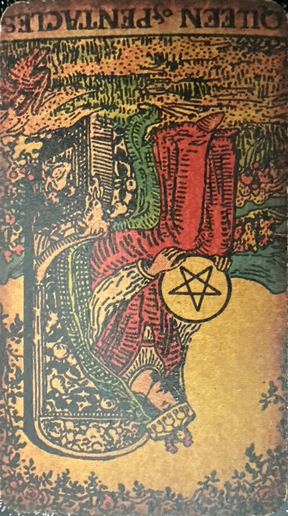 <p>XIII - Queen of Pentacles (Reversed)</p>