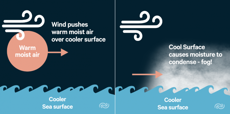<p>Cool air moves over warm water, adding moisture to the air.</p>