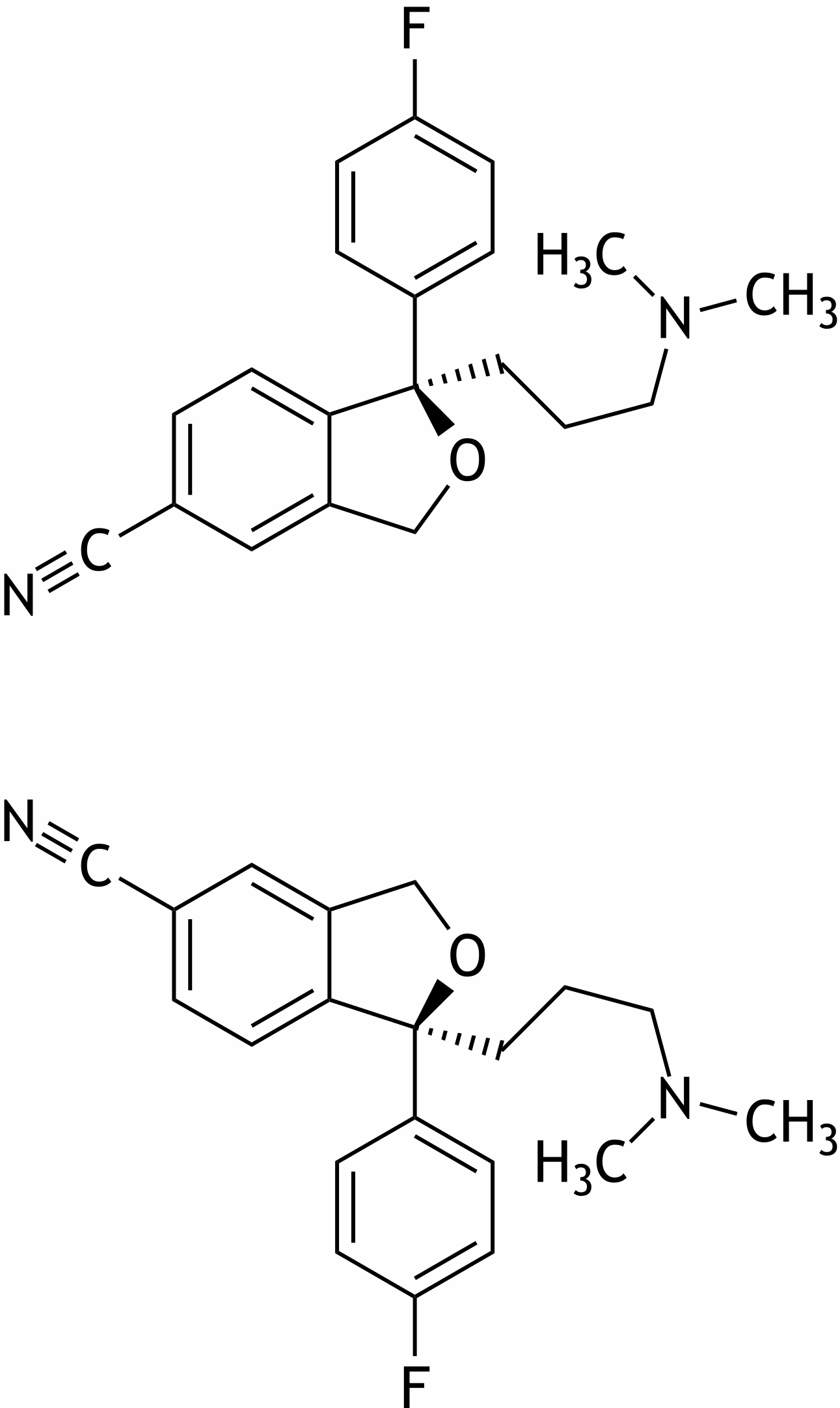 <p>65. Citalopram is an antidepressant from the group of selective serotonin reuptake inhibitors (SSRIs). It is a mixture of the two isomers shown below.</p><p>What is the relationship between these two isomers?</p><p>A. Diastereomers</p><p>B. Enantiomers</p><p>C. Epimers</p><p>D. Conformational isomers</p><p>E. Constitutional isomers</p>