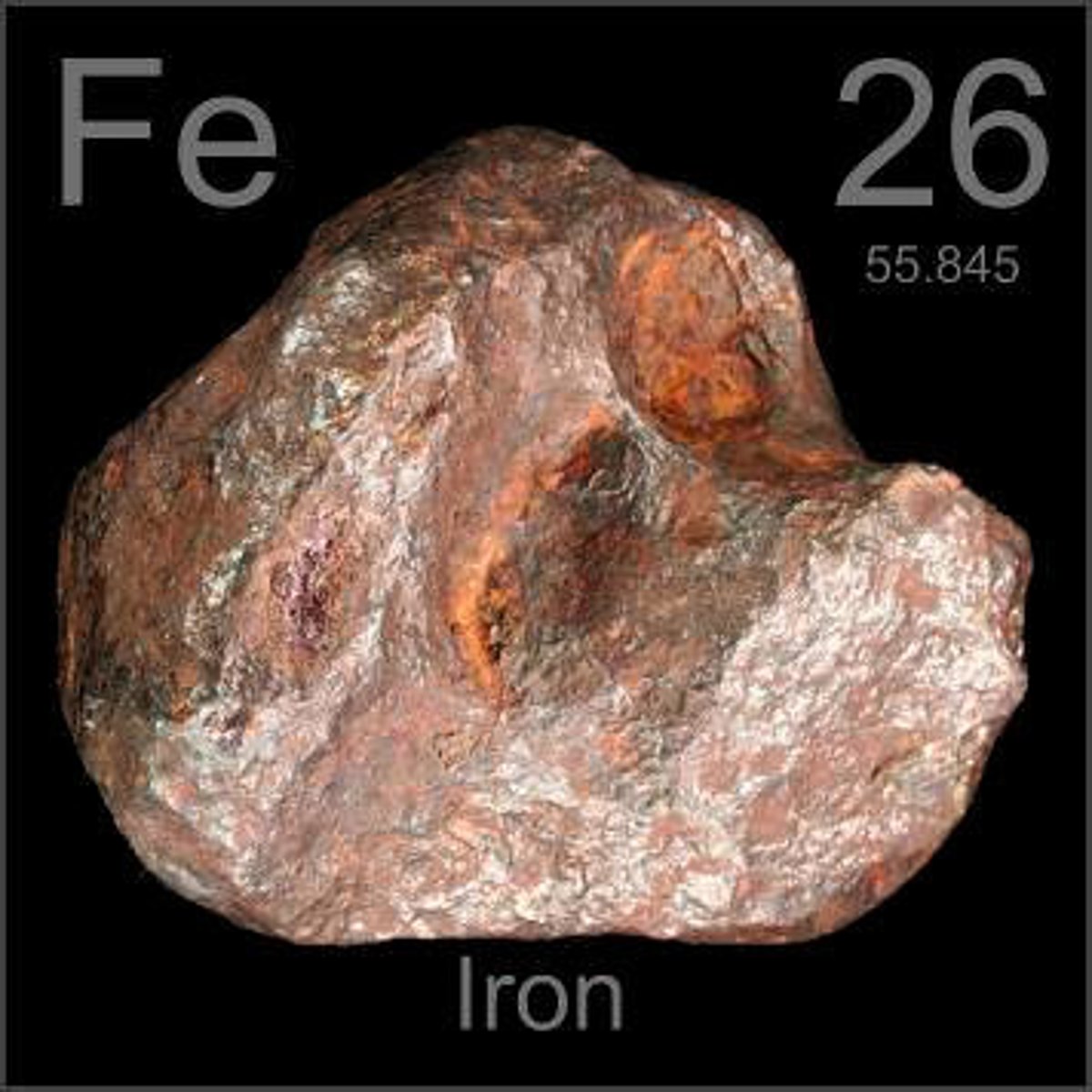 <p>Symbol: Fe<br>Atomic Mass: 55.85<br>Atomic Number: 26</p>