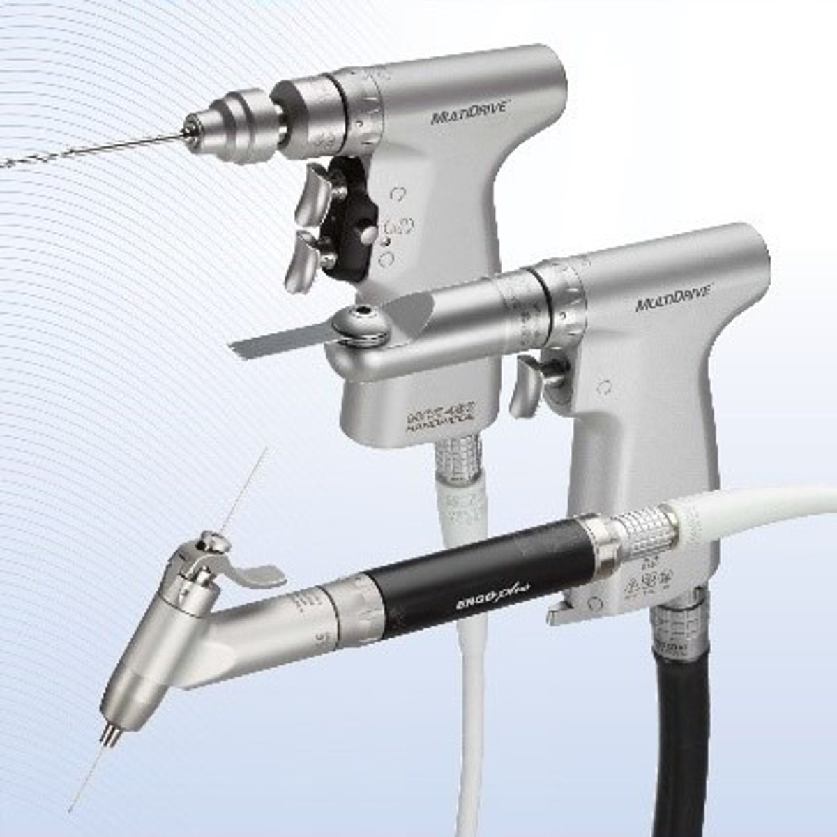 <p>instruments attached to an air hose (powered by compressed air/gas) that come in various sizes &amp; allow surgeons to work on small, medium, &amp; larger bones (ex: sternum saws, sagittal saws, &amp; drills)</p>