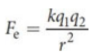 <p>quantifies the magnitude of the electrostatic force <em>F<sub>e</sub></em> between two charges</p><p>where Fe is the magnitude of the electrostatic force, k is Coulomb’s constant, q1 and q2 are the magnitudes of the two charges, and r is the distance between the charges</p><p>direction of the force may be obtained by remembering that unlike charges attract and like charges repel</p>