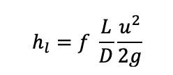 an empirical way of dealing with fluid friction that is dissipating energy as it flows
depends on: viscosity of the fluid/flow, diameter of pipe, length of pipe section, and roughness